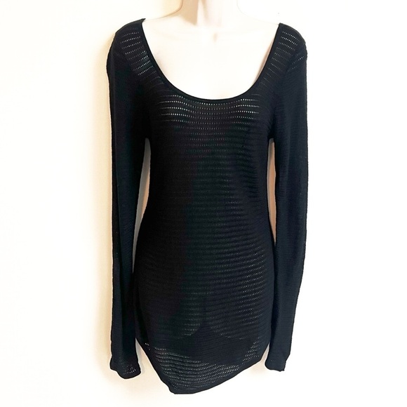 Express Tunic Sweater Open Knit Scoop Neck Asymmetrical Hem Pullover Black Small - Picture 1 of 7